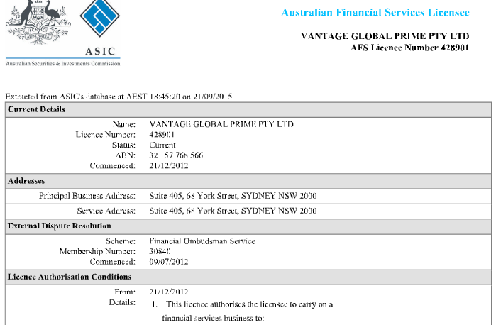 Vantage FX澳大利亚金融牌照证书